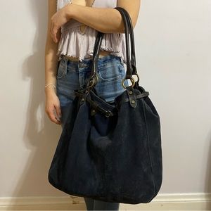 y2k navy suede hobo/sack shoulder bag